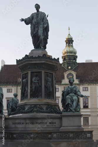 Architectural close up of the statue of Emperor Franz I in courtyard of Amalienburg Palace of Hofburg complex, Vienna