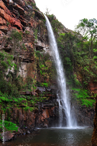 Fototapeta Naklejka Na Ścianę i Meble -  Sud Africa, 01/10/2009: le rocce rosse e Lone Creek Falls, la cascata che precipita di 70 metri nel torrente vicino alla città di Sabie, nello Mpumalanga