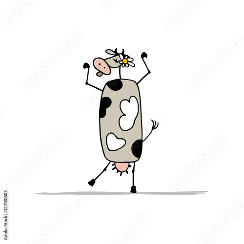 Funny purple cow dancing, sketch for your design