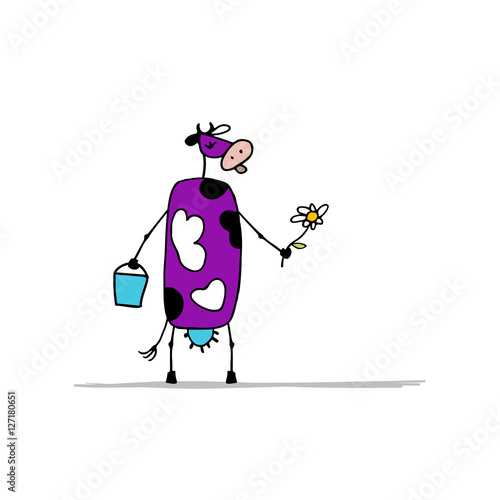 Cute purple cow with milk and flower, sketch
