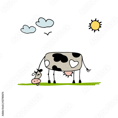 Cow grazing in meadow, sketch for your design