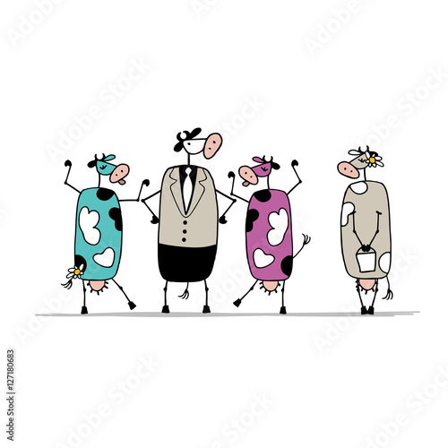 Funny bull and cows, sketch for your design