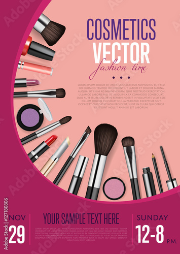 Cosmetics product presentation poster. Makeup accessories set. Cosmetics promotion flyer with date and time. Brushes, powder palettes, lipstick, eye pencil, nail polish vectors. For beauty salon, shop