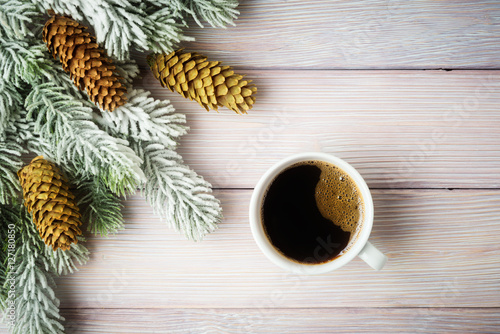 Xmas background with fir tree and coffee cup