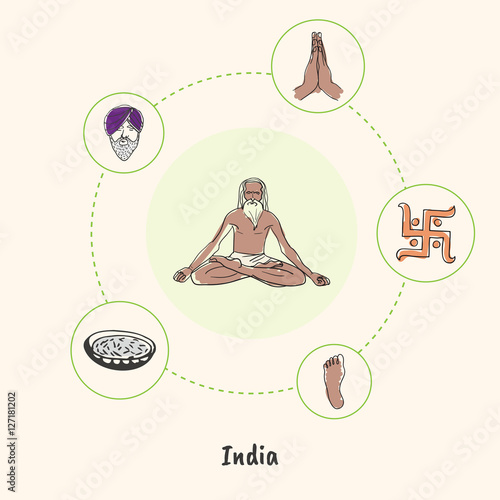 Attractive India. Old yogi colorized doodle surrounded swastika symbol, sikh in turban, Buddha foot, praying folded palms drawn vector icons. Indian cultural, religious symbols. Travel in Asia