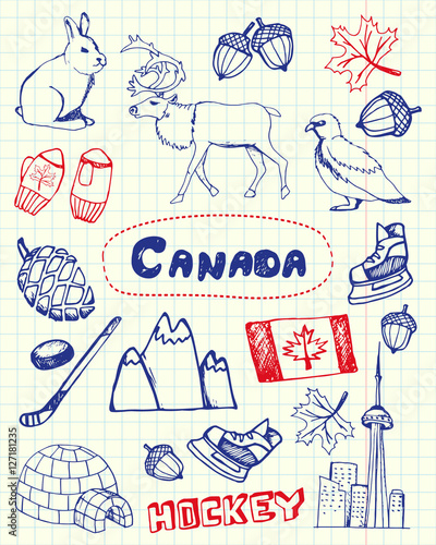 Canada associated symbols. Canadian national, cultural, architectural, nature, sports, tourist related hand drawn doodles on squared paper blue and red pen vector set. Sketched icons