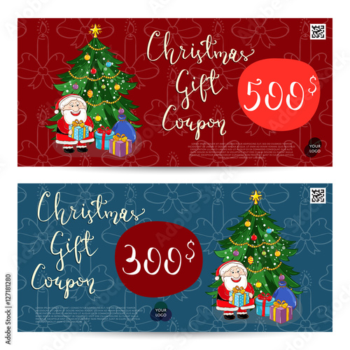 Christmas gift voucher template. Gift coupon with Xmas attributes and prepaid sum. Santa, gifts, christmas tree, gingerbread cookie cartoon vectors. Merry Christmas and Happy New Year greeting card