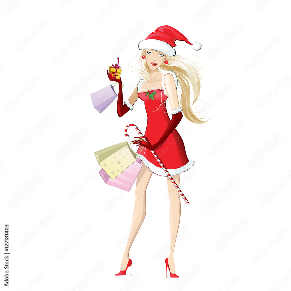 Beautiful girl dressed as Santa Claus with shopping. Christmas discounts and sales. Vector illustration on white background. Beautiful girl dressed as Santa Claus with shopping. Christmas discounts and sales. Vector illustration on white background.