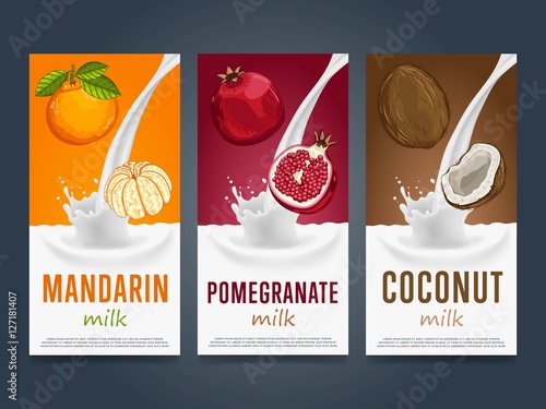 Milkshake concept with milk splash and fruit vector illustration. Milk dessert, yogurt, fruit mix, cocktail drink, fruit smoothie with mandarin, pomegranate, coconut packaging template. Dairy product.