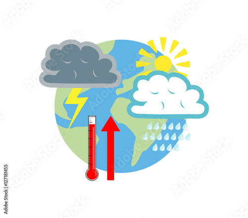 Vector image of the globe with weather symbols and a thermometer with an upwards arrow