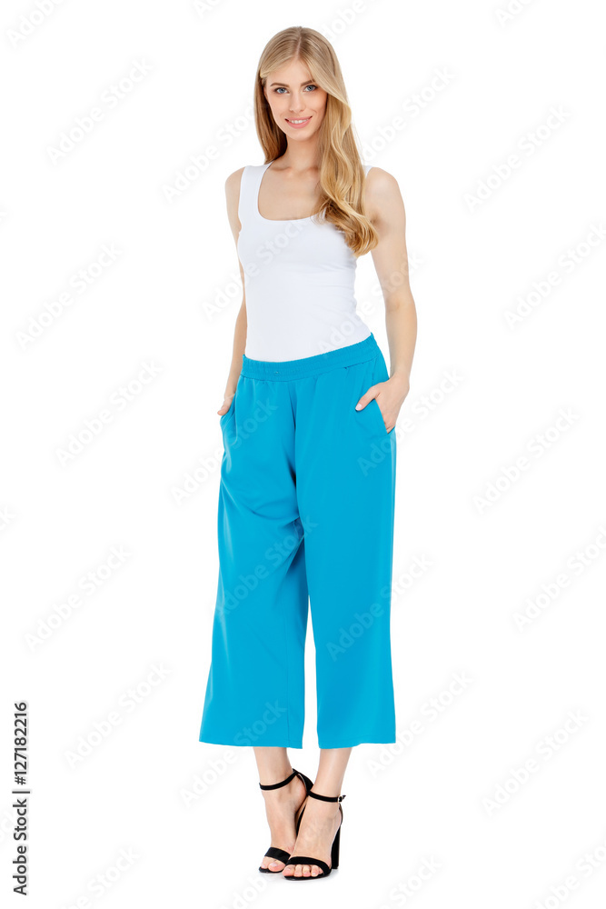 Fashion photo of young magnificent woman wearing fashionable summer clothes Fashion photo of young magnificent woman wearing fashionable summer clothes