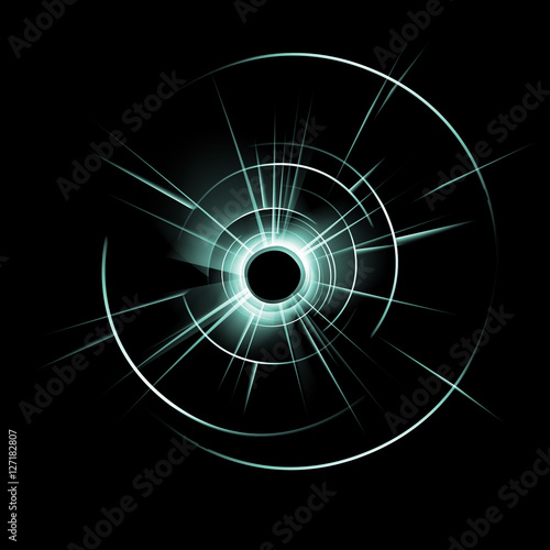 Vector Green Broken Glass Window with Bullet Hole on Dark Black Background