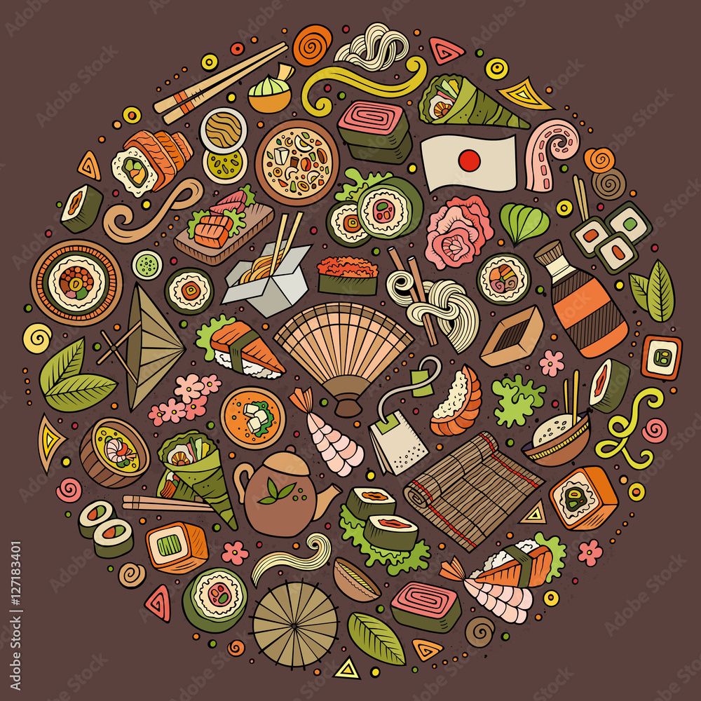 Naklejka premium Set of Japan food cartoon doodle objects, symbols and items