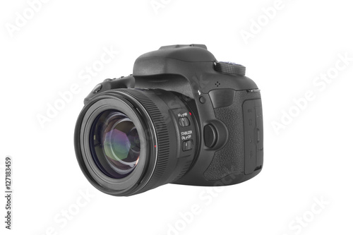 Isolated DSLR professional photo camera with a 35 mm lens 