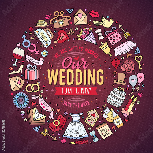 Set of Wedding cartoon doodle objects round frame