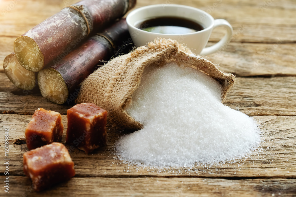 Sugar in burlap sack with sugarcane and white cup of coffee on wooden background. Full bag of sugar crystals closeup.soft focus(selective focus) Sugar in burlap sack with sugarcane and white cup of coffee on wooden background. Full bag of sugar crystals closeup.soft focus(selective focus)