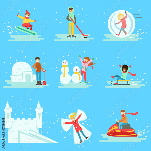 People Having Fun In Snow In Winter Collection Of Illustrations
