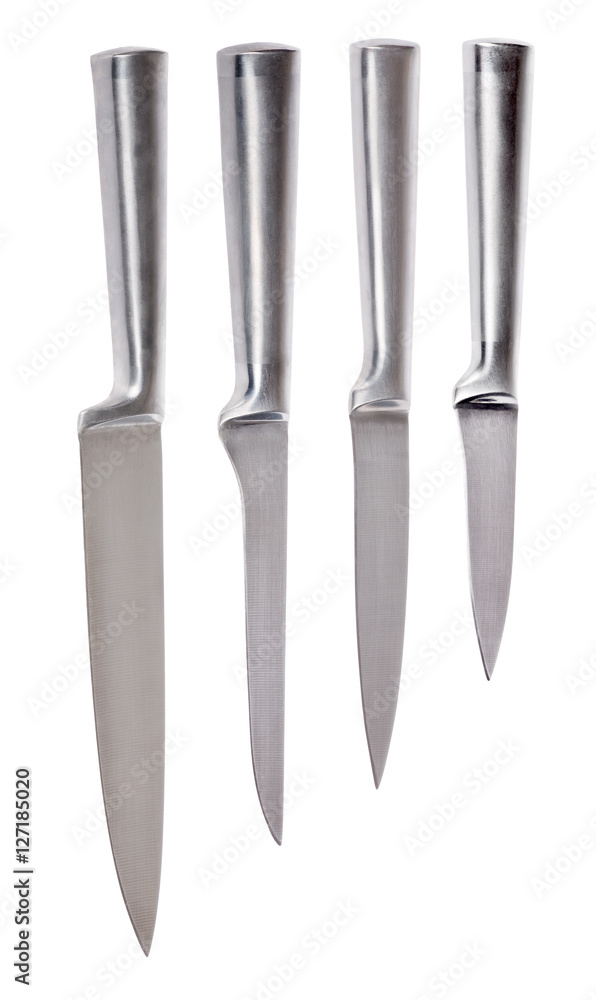 set of four metallic kitchen knifes on white set of four metallic kitchen knifes on white