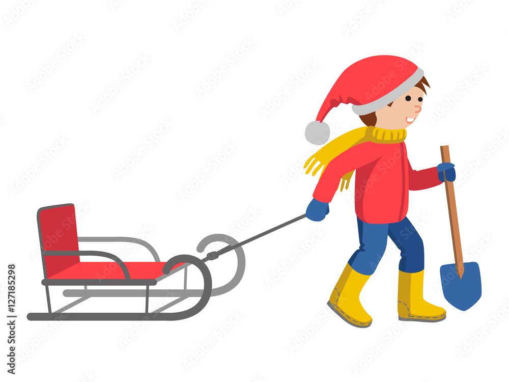 Little boy in winter clothes pulling a sled, cartoon style vector illustration isolated on white background. Little boy in winter clothes pulling a sled, cartoon style vector illustration isolated on white background.
