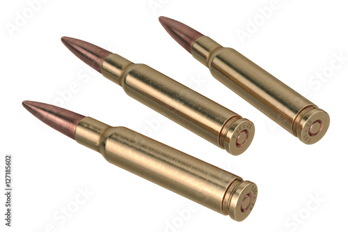 Bullet rifle projectile of shiny copper and brass. 3D graphic