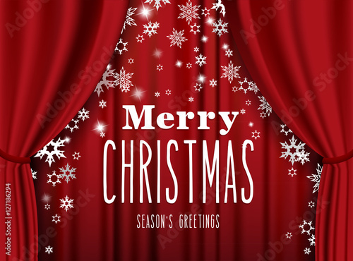 Christmas greeting card with red heavy theater curtain, Merry Ch