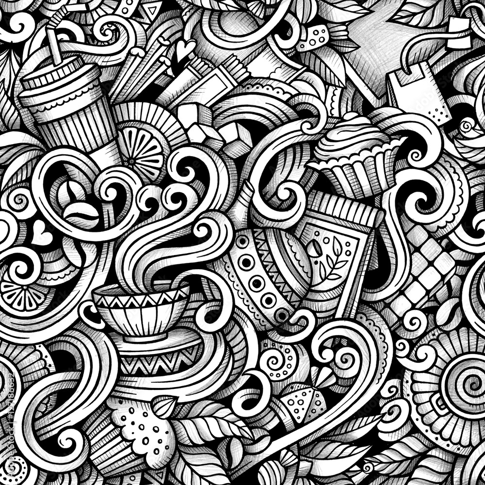 Cartoon hand drawn cafe doodles seamless pattern