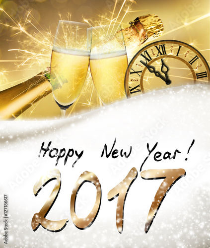 Neujahrskarte mit Sekt und Uhr
