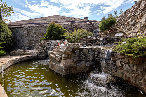 patio with a pond