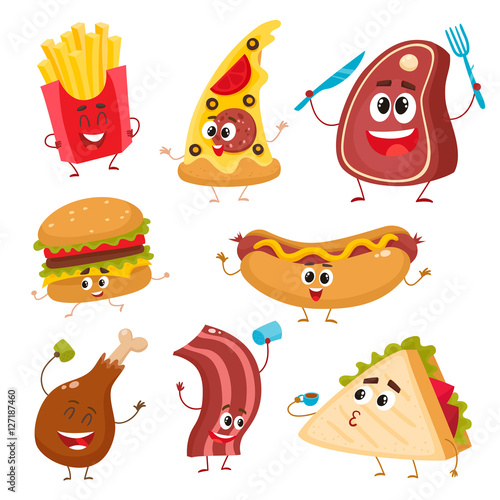 Set of funny fast food characters - pizza, French fries, burger, hot dog, steak, bacon, sandwich and chicken leg, cartoon vector illustration isolated on white background. Funny fast food characters