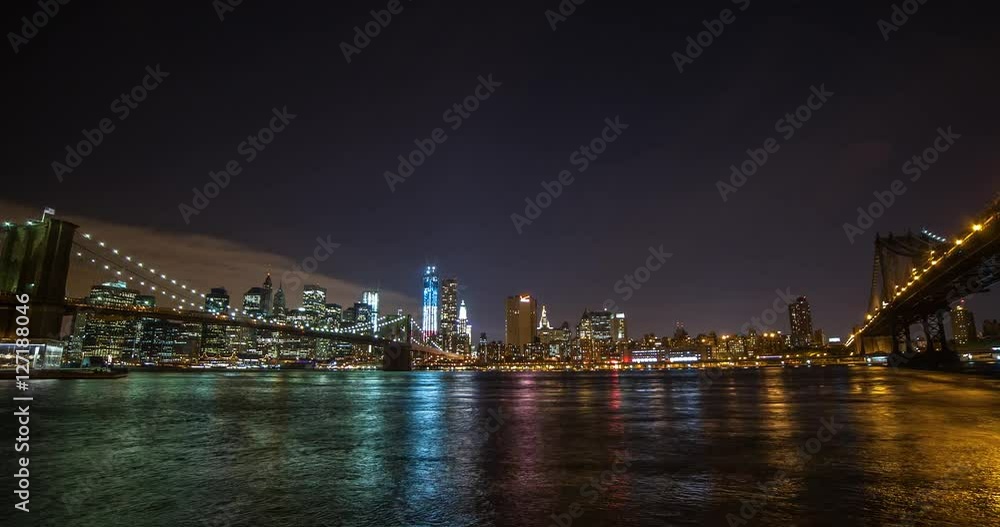 Manhattan, New York City, USA - Financial District with Eats River, Brooklyn Bridge and Manhattan Bridge as seen from the Brooklyn Bridge Park - Timelapse with pan right to left Manhattan, New York City, USA - Financial District with Eats River, Brooklyn Bridge and Manhattan Bridge as seen from the Brooklyn Bridge Park - Timelapse with pan right to left