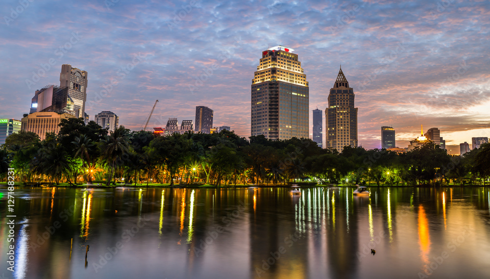 Twilight night scene of Bangkok at dusk from Lumpini Park