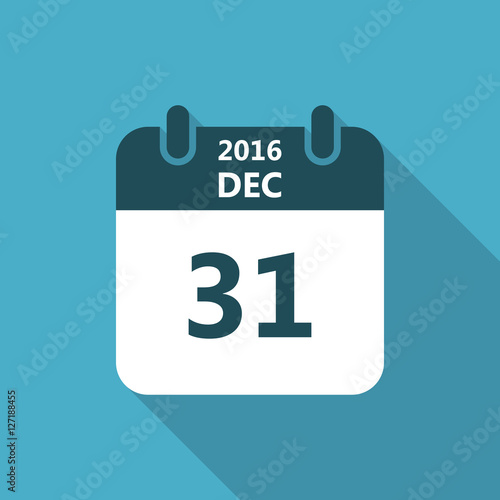 Calendar icon 31 of december 2016 year with long shadow isolated on blue background. Calendar in flat style for new year's eve, vector.