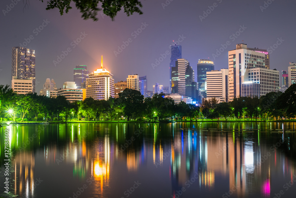 Twilight night scene of Bangkok at dusk from Lumpini Park