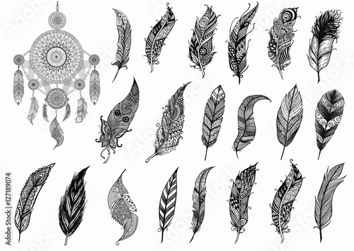 Dream catcher and hand drawn boho feathers for design element and adult coloring book pages - Stock Vector