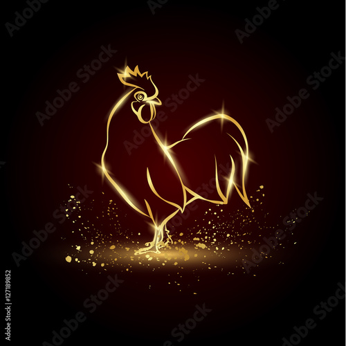 Golden Rooster on a black background. Shiny cock illustration for the calendar.