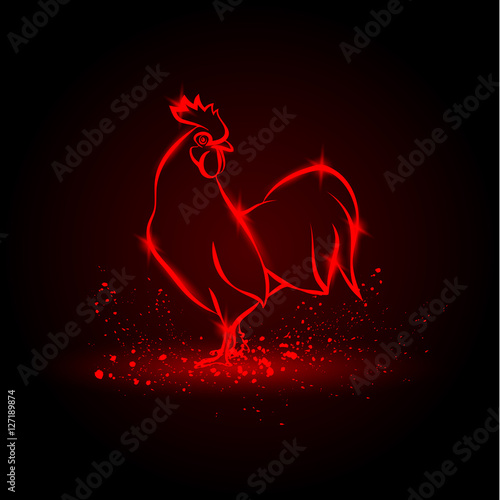 Red neon rooster on a black background. Glowing cock in a linear style. Vector illustration for calendars, posters, prints and greeting card.