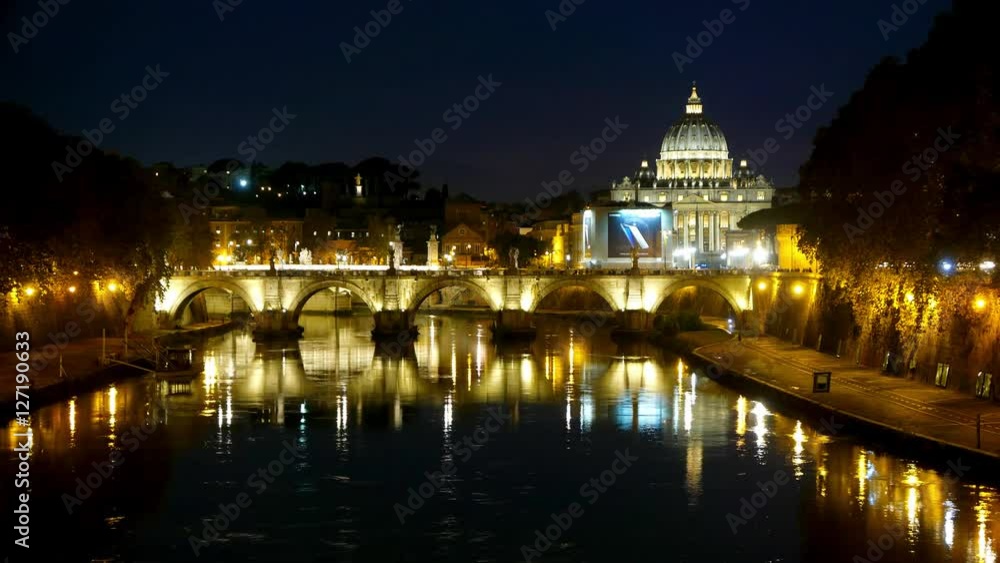 Amazing night shot of Tiber River and its bridges in Rome - with a view over Vatican Amazing night shot of Tiber River and its bridges in Rome - with a view over Vatican