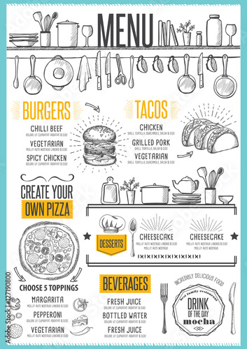 Menu restaurant, food template placemat.
