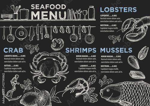 Menu seafood restaurant, food template placemat.