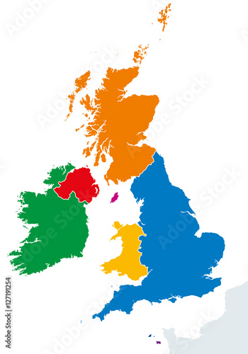 British Isles countries silhouettes map. Ireland and United Kingdom countries England, Scotland, Wales, Northern Ireland, Guernsey, Jersey and Isle of Man in different colors. Vector illustration.