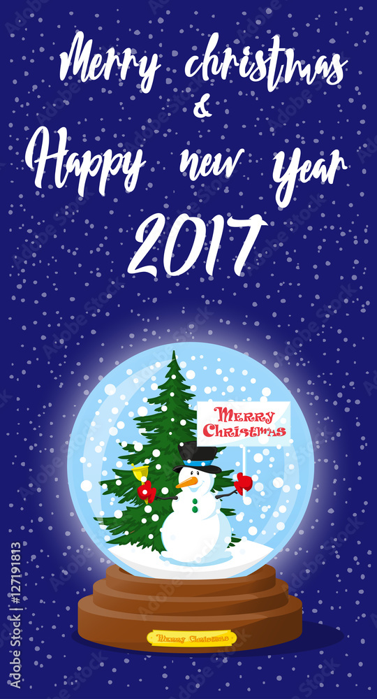 Fototapeta premium Merry Christmas and Happy New Year 2017 banner. Cute glass Snow Globe souvenir. Snowflakes, christmas tree and funny Snowman. Cartoon style. Concept poster, flyer, greeting card. Vector illustration