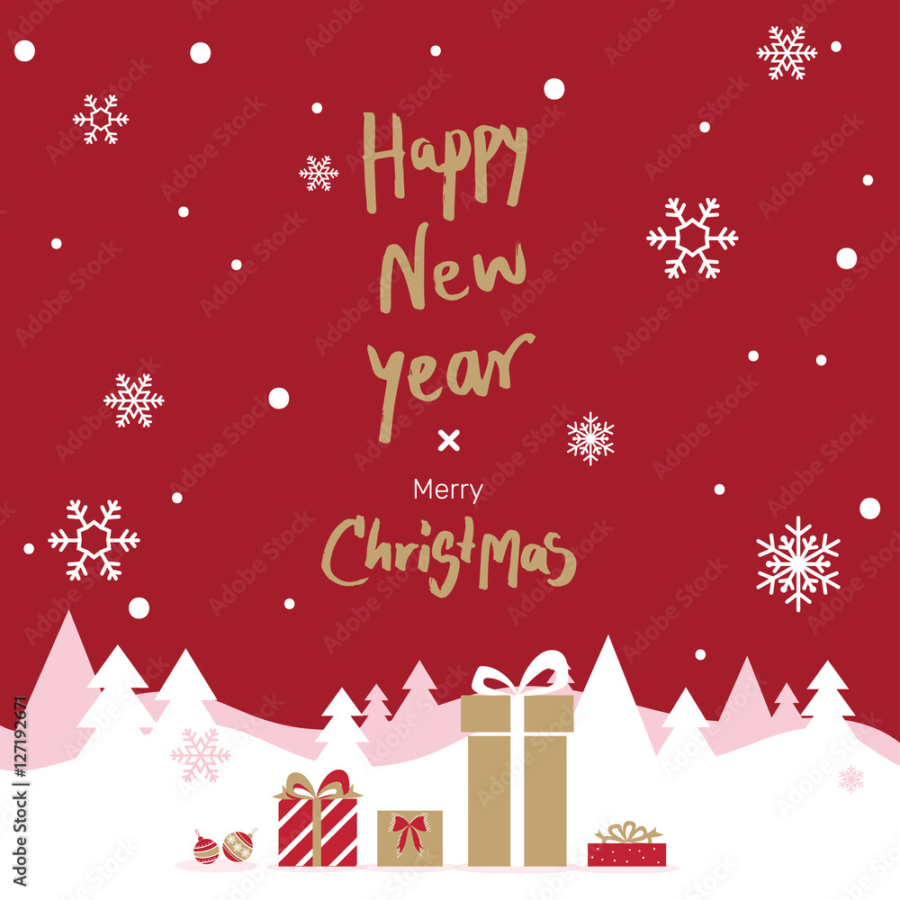 Red Happy New Year and Merry Christmas card template with snowflakes