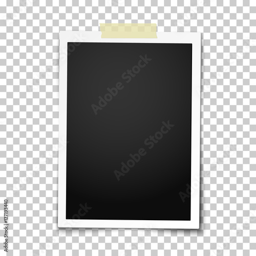 Realistic vector photo frame on sticky tape placed vertical