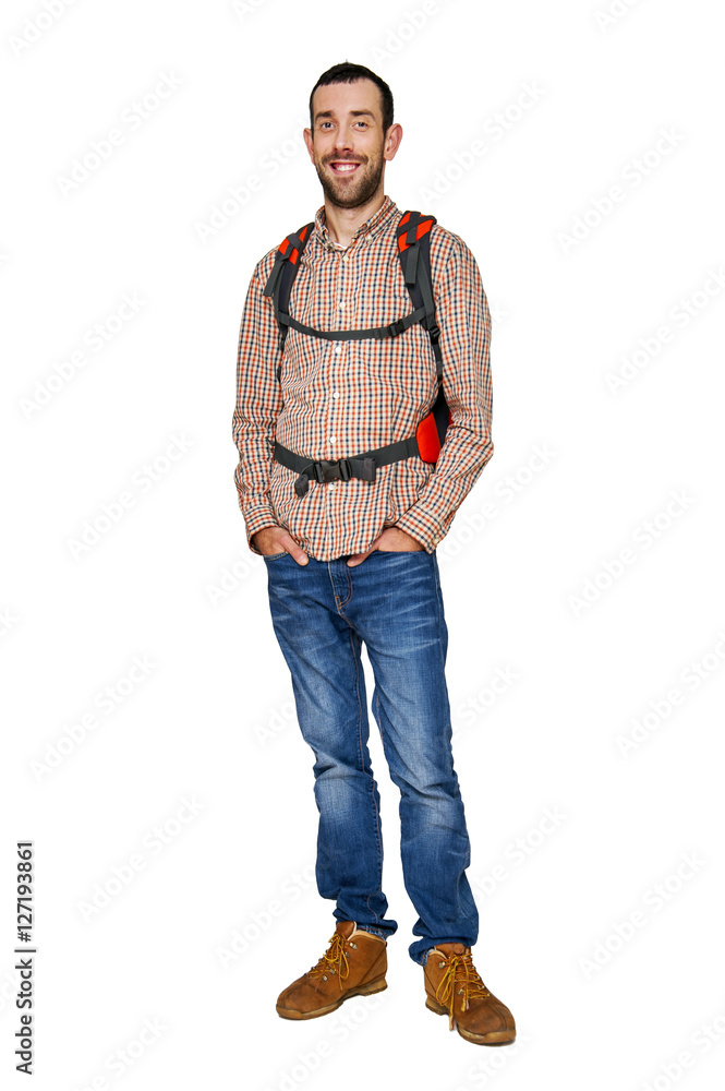 Fototapeta premium Backpacker man isolated over white background