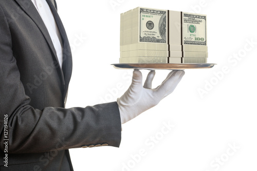 Waiter offering 100 dollar banknotes. 3d illustration