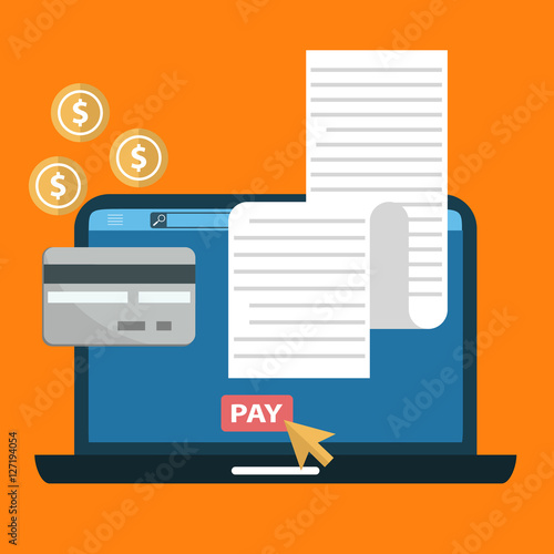 Online digital invoice laptop or notebook with bills credit card money coins flat illustration
