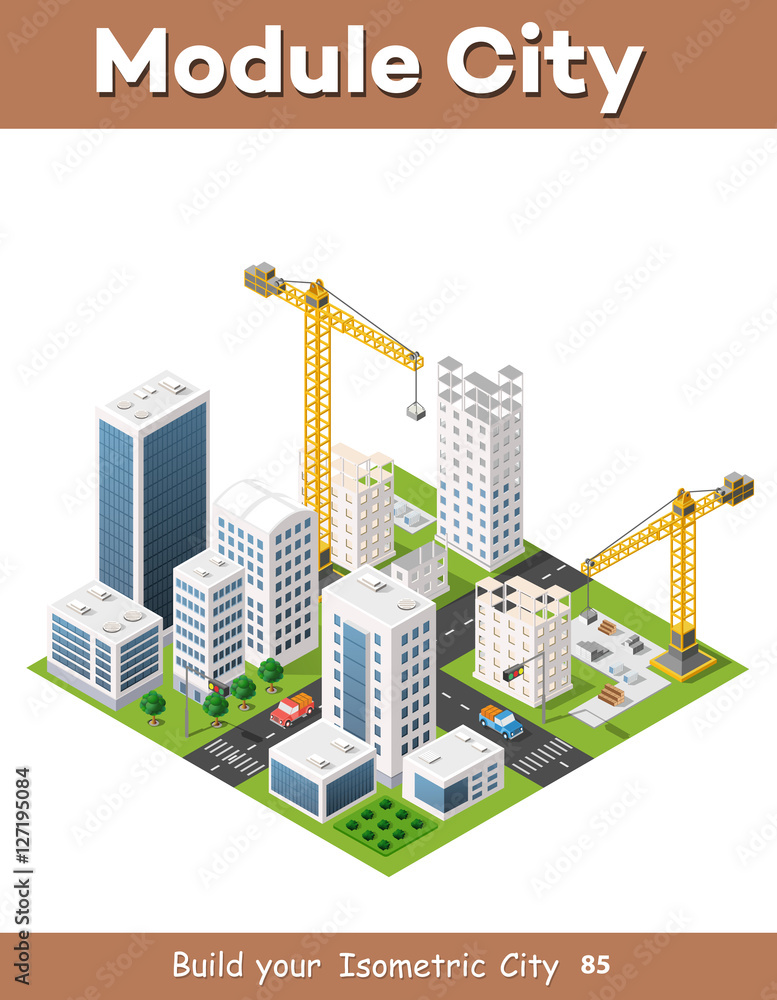 Obraz premium Construction crane heavy industrial industry with skyscrapers, houses, streets. Urban modern quarter of the city. Isometric view of the projection of the landscape