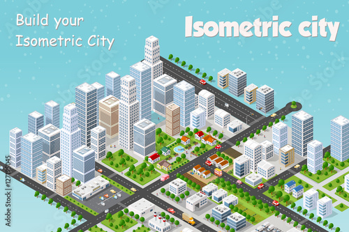 Megapolis 3d isometric three-dimensional view of the city. Collection of houses, skyscrapers, buildings, built and supermarkets with streets and traffic. The stock vector