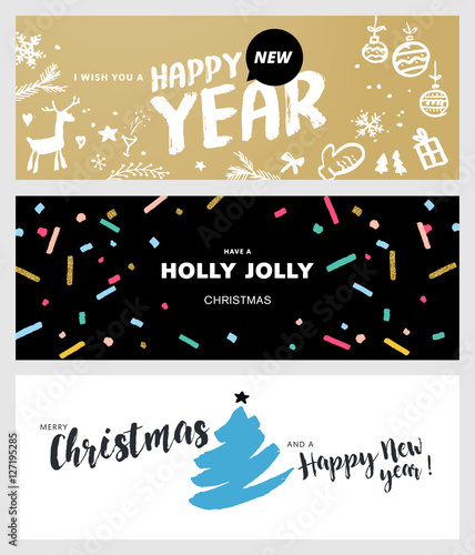 Set of Christmas and New Year social media banners. Hand drawn vector illustrations for website and mobile banners, internet marketing, greeting cards and printed material design.