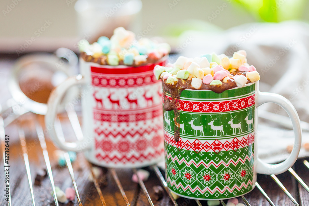 Two Cups of Chocolate Coffee Drink with Spices and Mini Marshmallows on Dark wooden Background, Free Space for text, Christmas Background